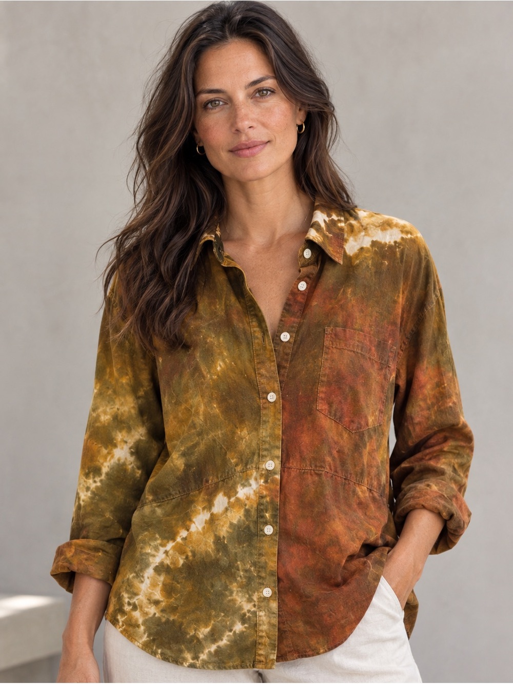 POSSE Tie Dye Cotton Button Up Shirt Earth Tone Oversized M L